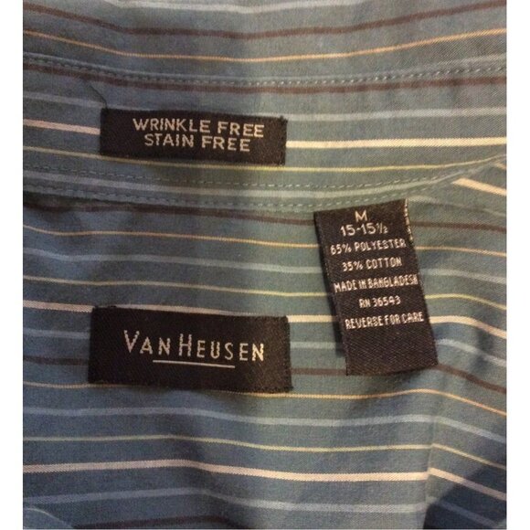 VAN Heusen Button Down Blue Striped Shirt 15 15.5 Medium - Picture 3 of 4